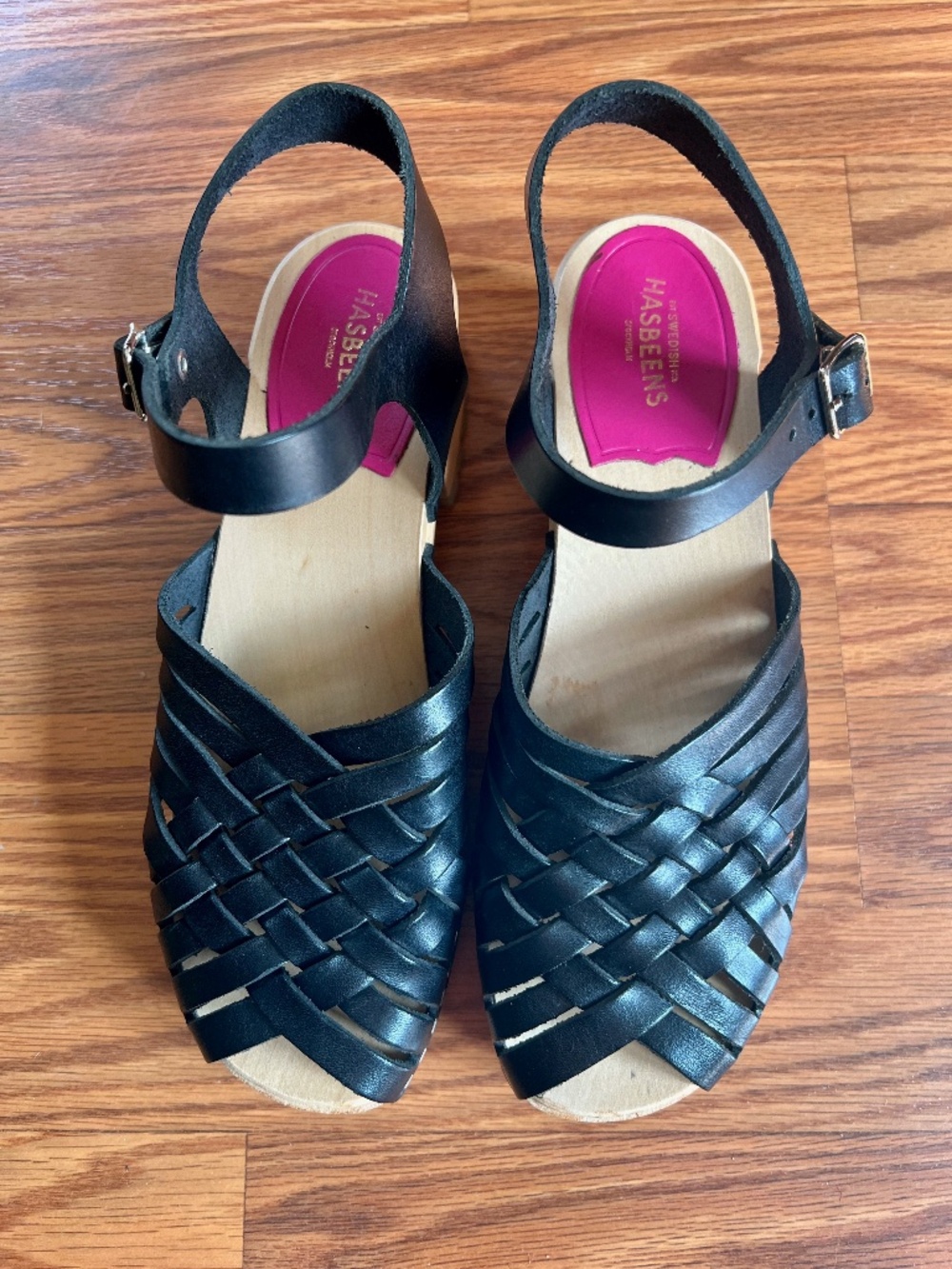 NEW Swedish Hasbeens Black Braided Peep Toe Wooden Clogs Sandals Size 39 8-8.5